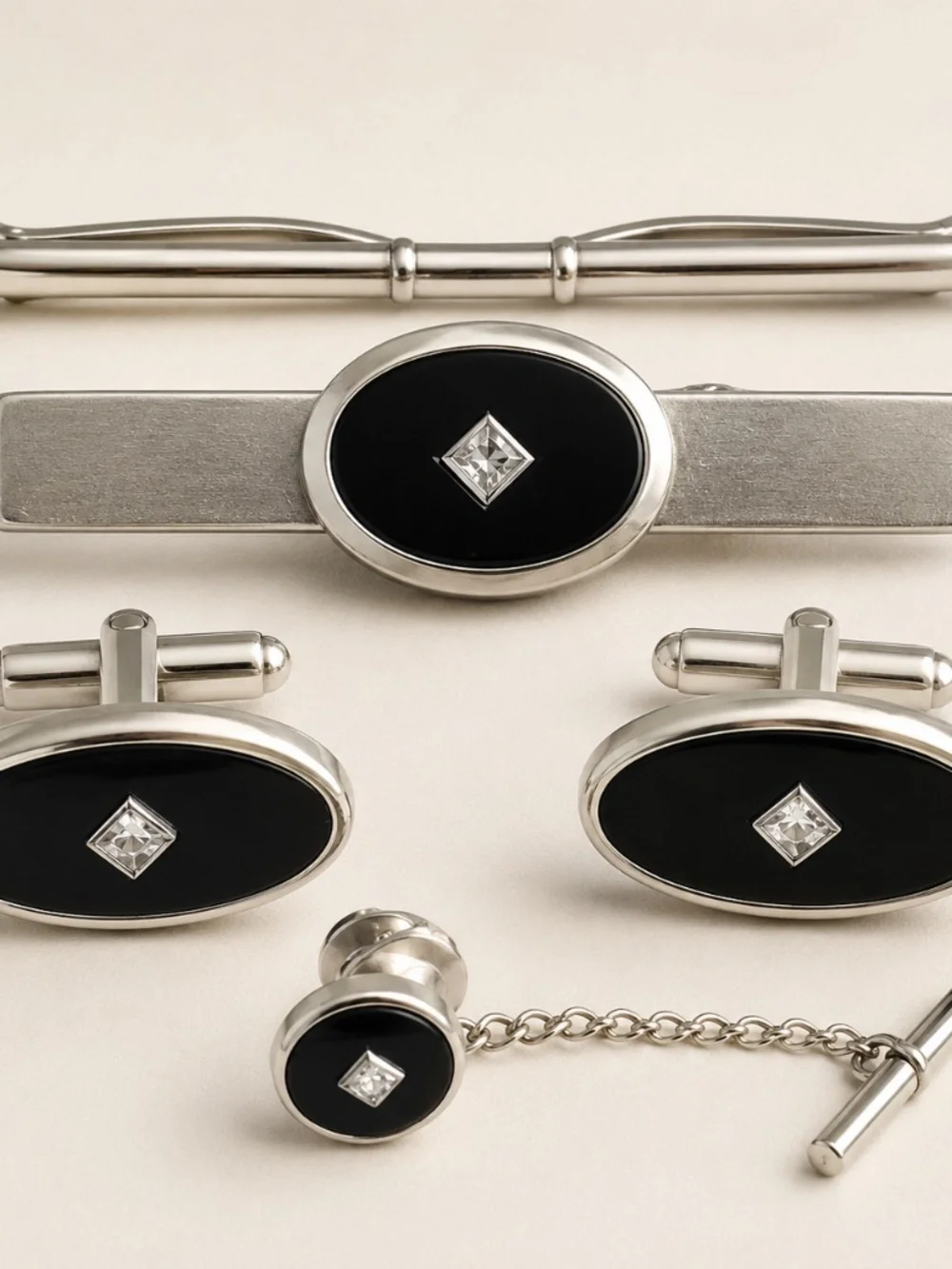 Vintage ANSON Black Onyx Crystal Cufflinks & Foster Tie Bar Set Gold Tone Tuxedo